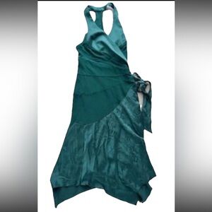 Bebe Vintage 90’s Made In USA Green Satin Midi Fairy Halter V Neck Dress SZ.XS